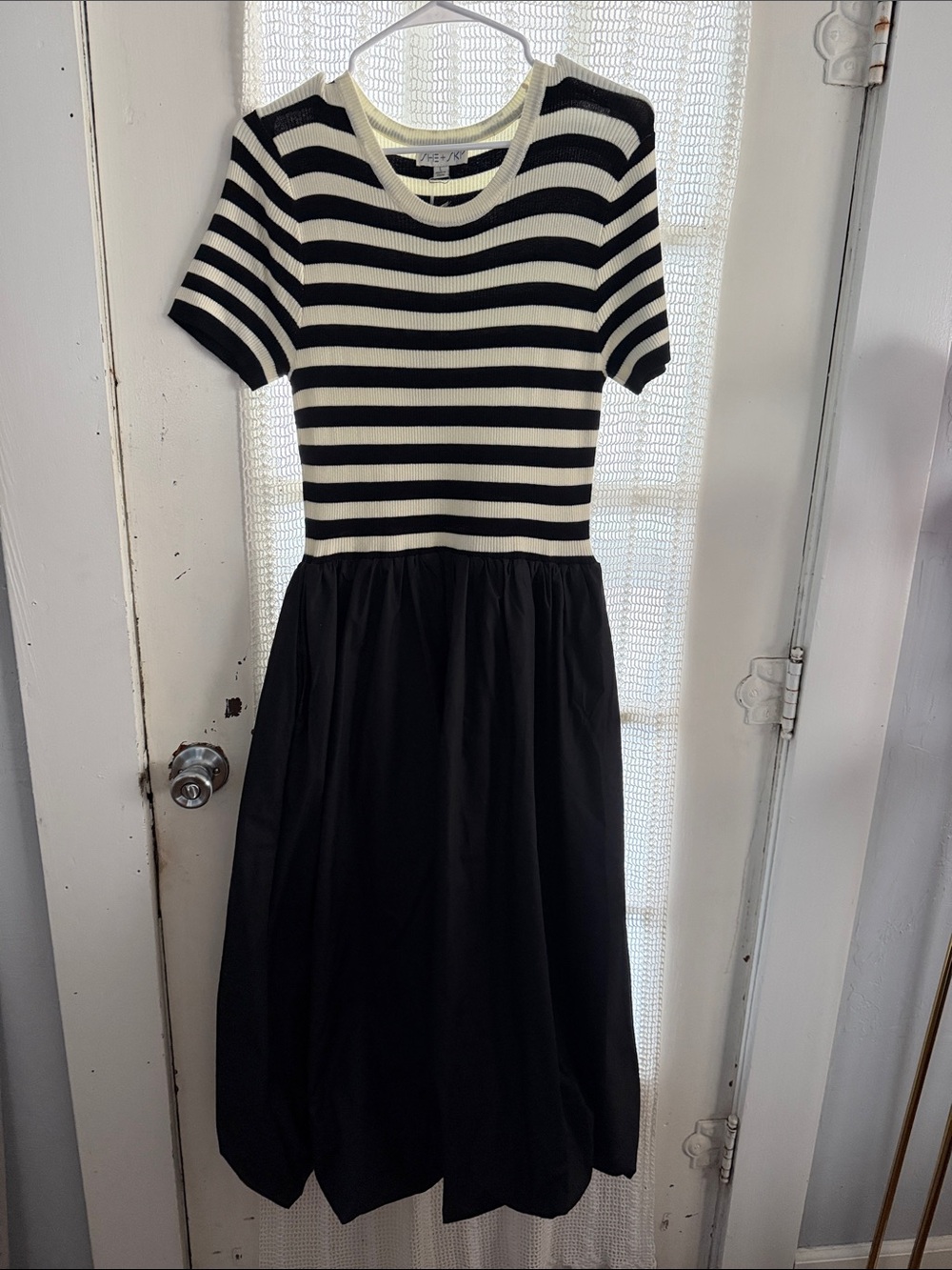 She + Sky Black and White Striped Short Sleeve Midi Dress with balloon hem